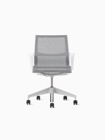 Front view of a Setu Chair with grey suspension, white arms and silver alloy base.