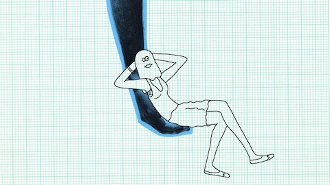 An animated figure reclines with hands behind head. Select to go to an article about designer Bill Stumpf.