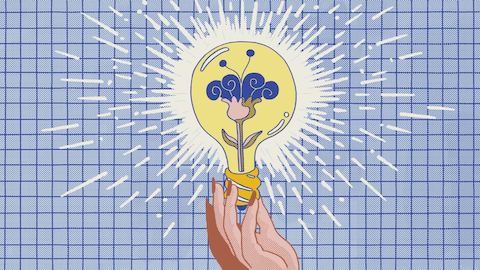 An illustration of a hand holding a yellow lightbulb with pink and purple flower growing on the inside